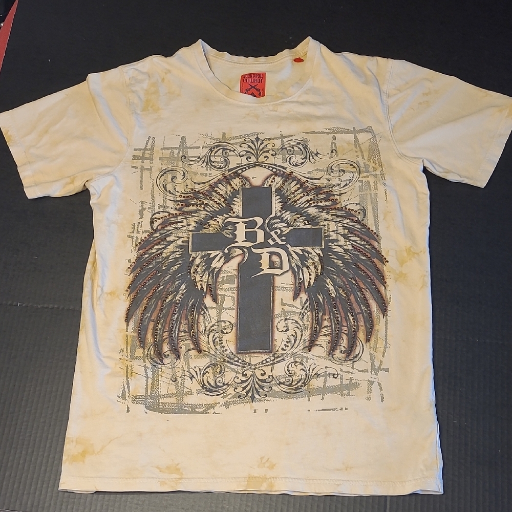 💣ROCK & ROLL COWBOY Graphic Tee with BARBWIRE, Cross and Wings Design
